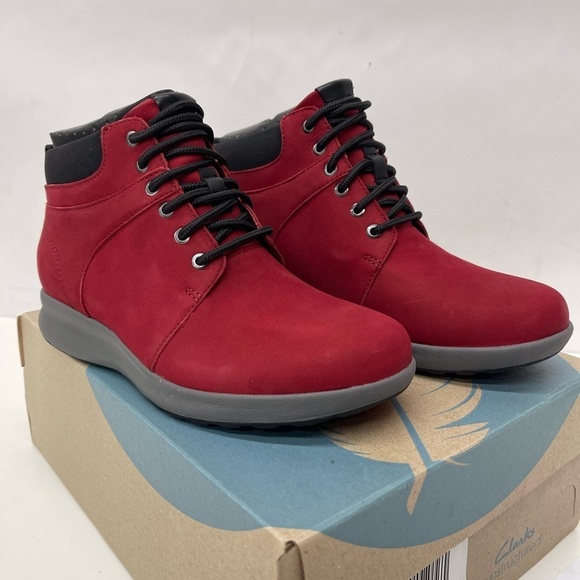 Clarks Unstructured Leather Lace-Up Boots - Un Adorn Walk in Red - Picture 1 of 8